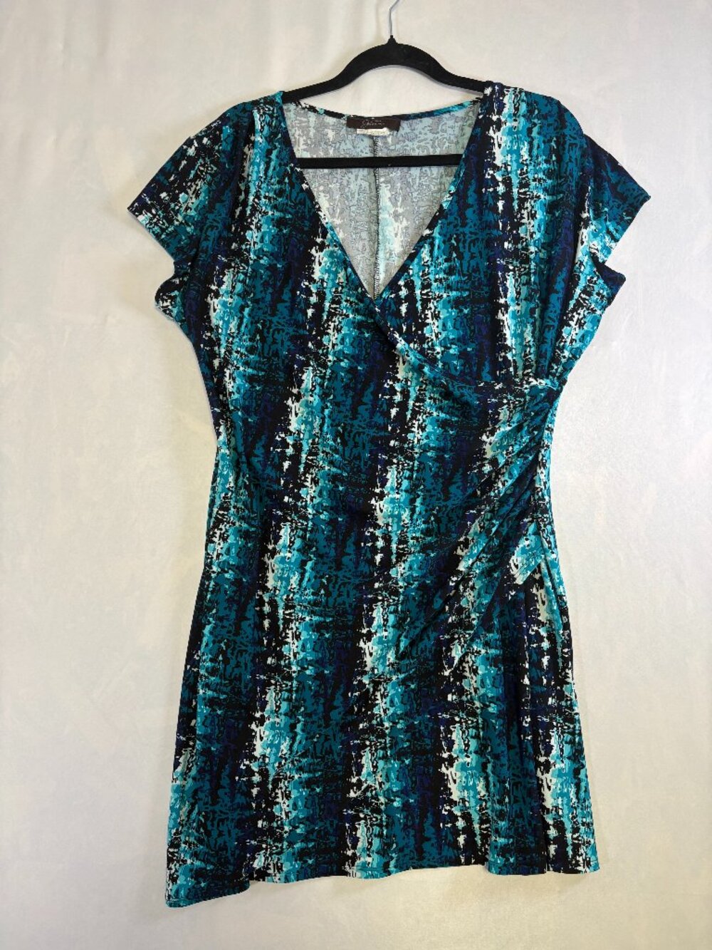 Jessica Women's Blue Teal Abstract Print Faux Wrap Dress Style 378